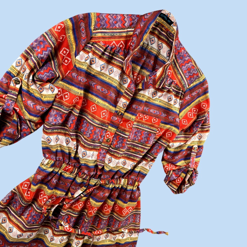 Cals Shirt Dress Men M Multicolor Tribal Geometric Roll Tab Boho Southwestern